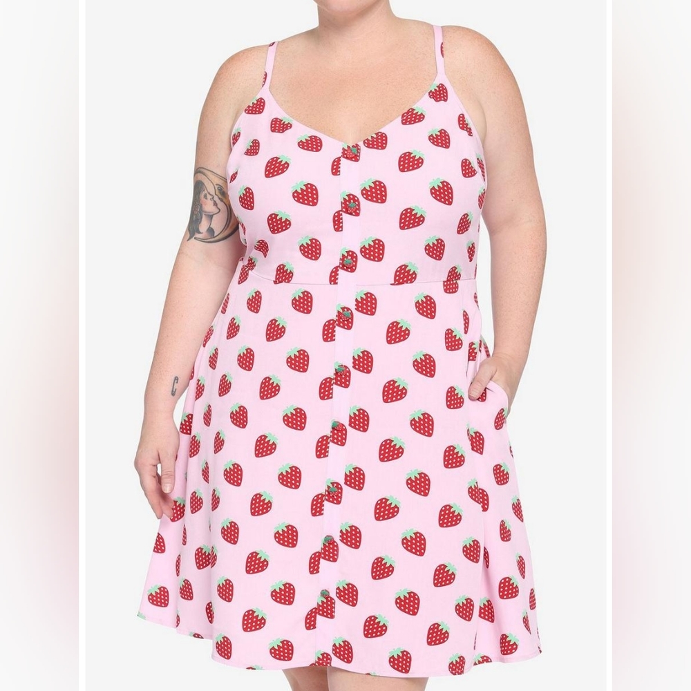 Hot Topic pink strawberry button-front dress